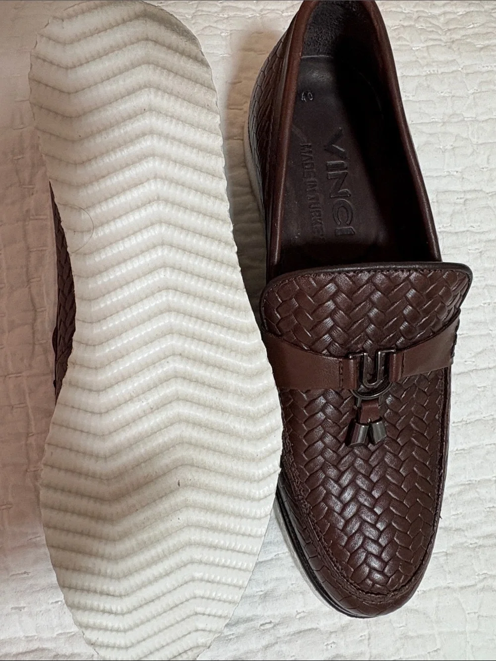 Vince Brown Woven Leather Tassel Slip-On Loafers